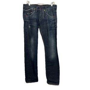 #8026 Takeshy Kurosawa Jeans Men's 34 Dark Wash Distressed Denim Button Fly